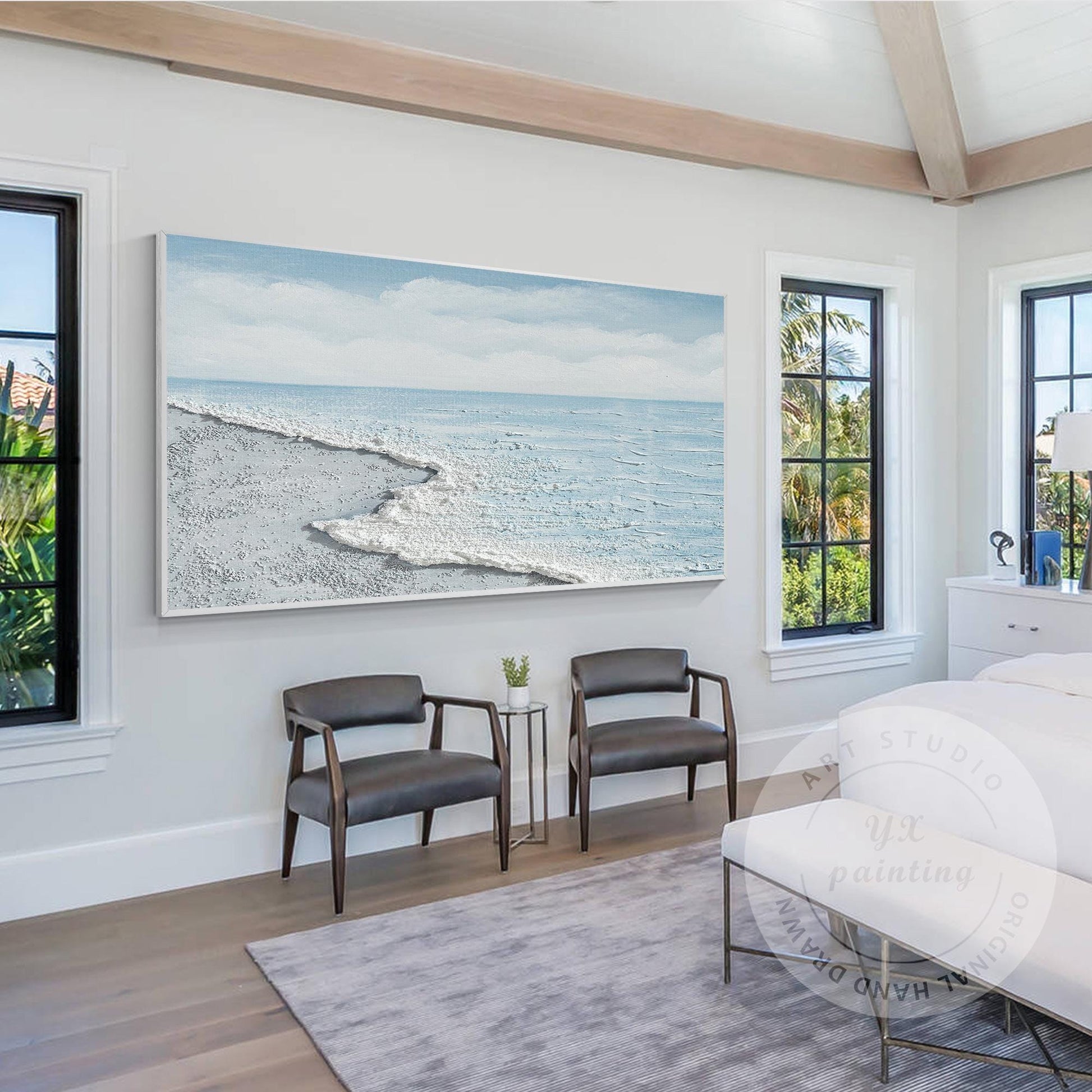 Ocean Wave Beach Canvas Wall Art, Minimalist Coastal Landscape Painting, Contemp #4