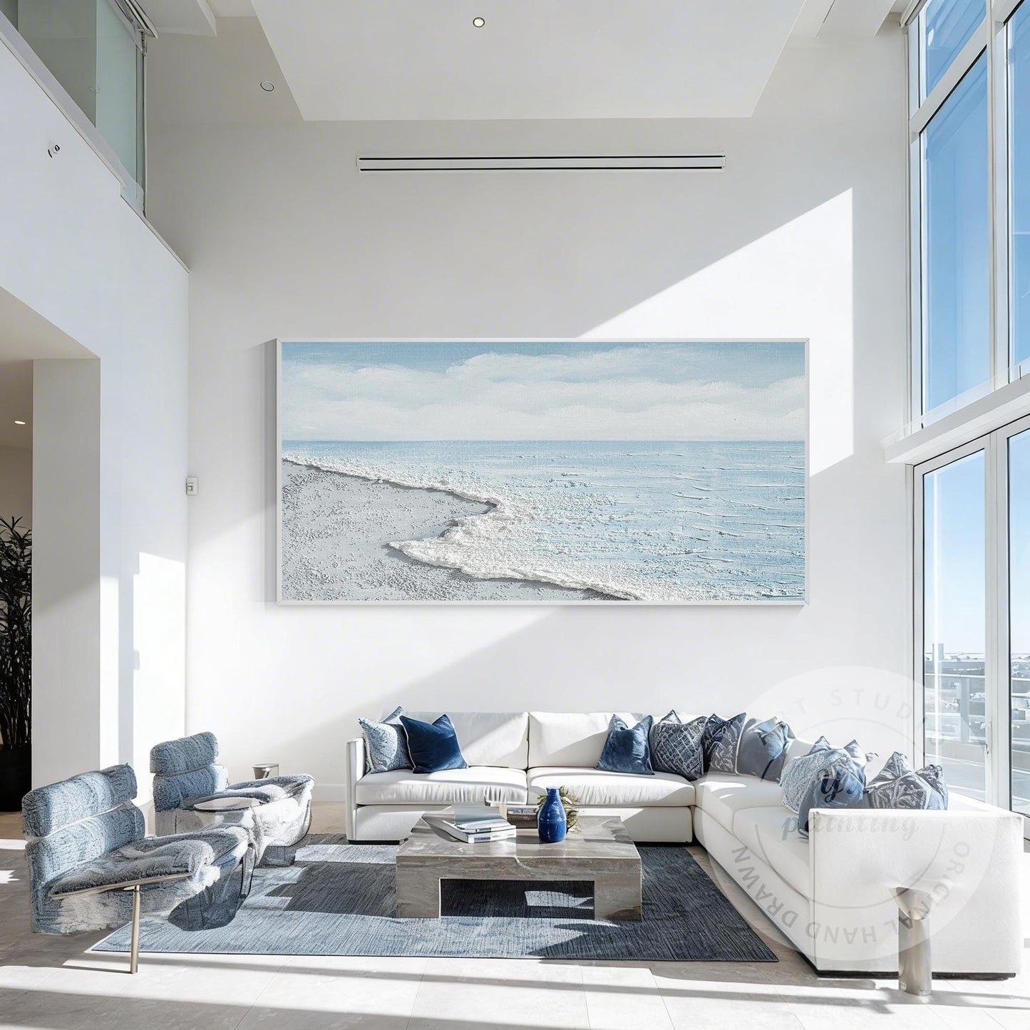 Ocean Wave Beach Canvas Wall Art, Minimalist Coastal Landscape Painting, Contemp #1