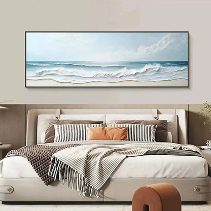 OCEAN WAVES PANORAMIC: Panoramic Ocean Painting, Beach Wall Art | Abstract closeup, raised brushwork detail