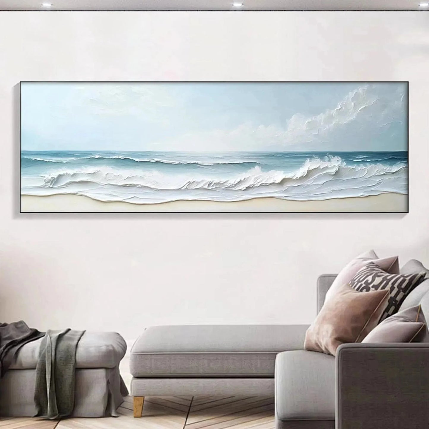 OCEAN WAVES PANORAMIC: Panoramic Ocean Painting, Beach Wall Art | gold frame stretched on neutral wall