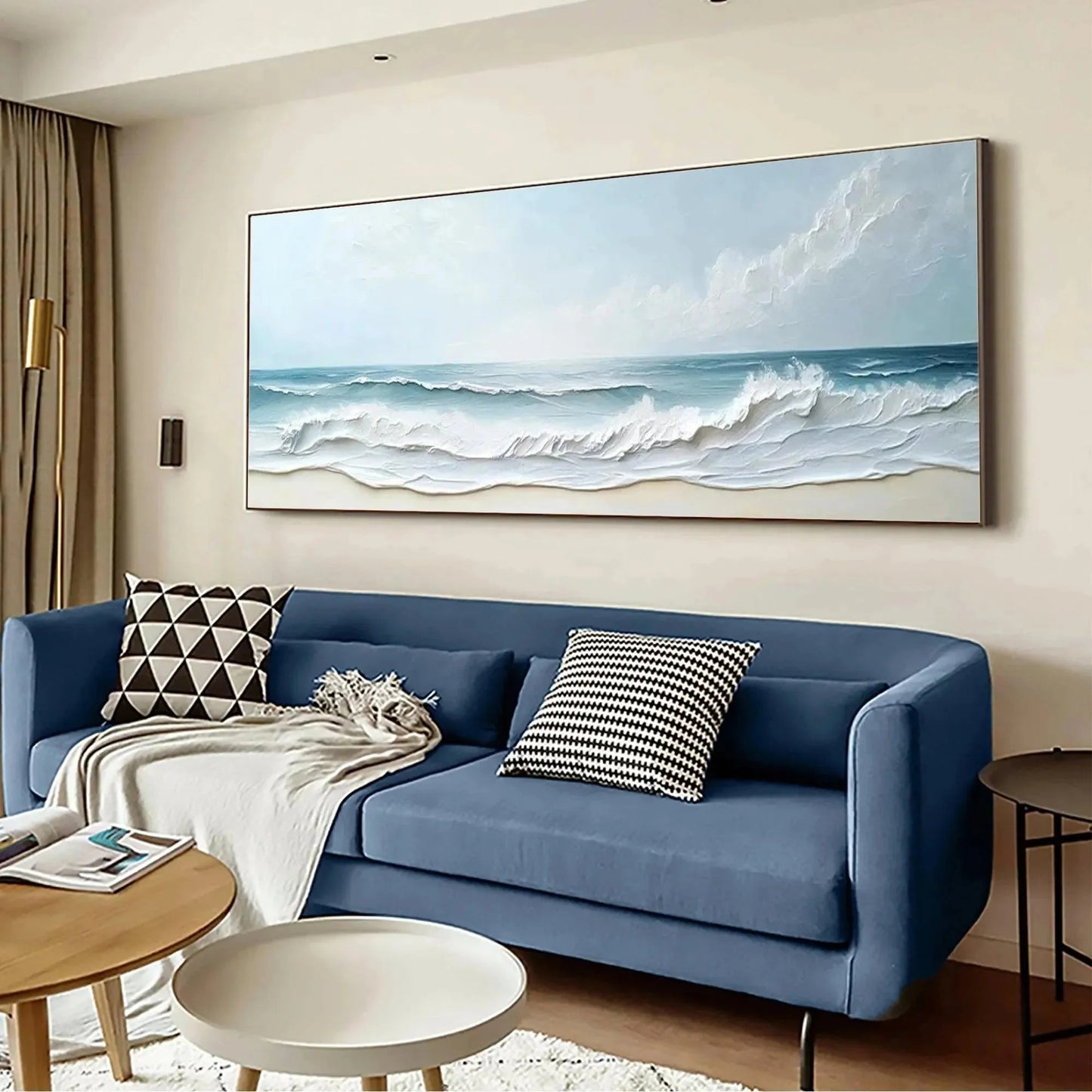 OCEAN WAVES PANORAMIC: Panoramic Ocean Painting, Beach Wall Art | black frame version on white wall