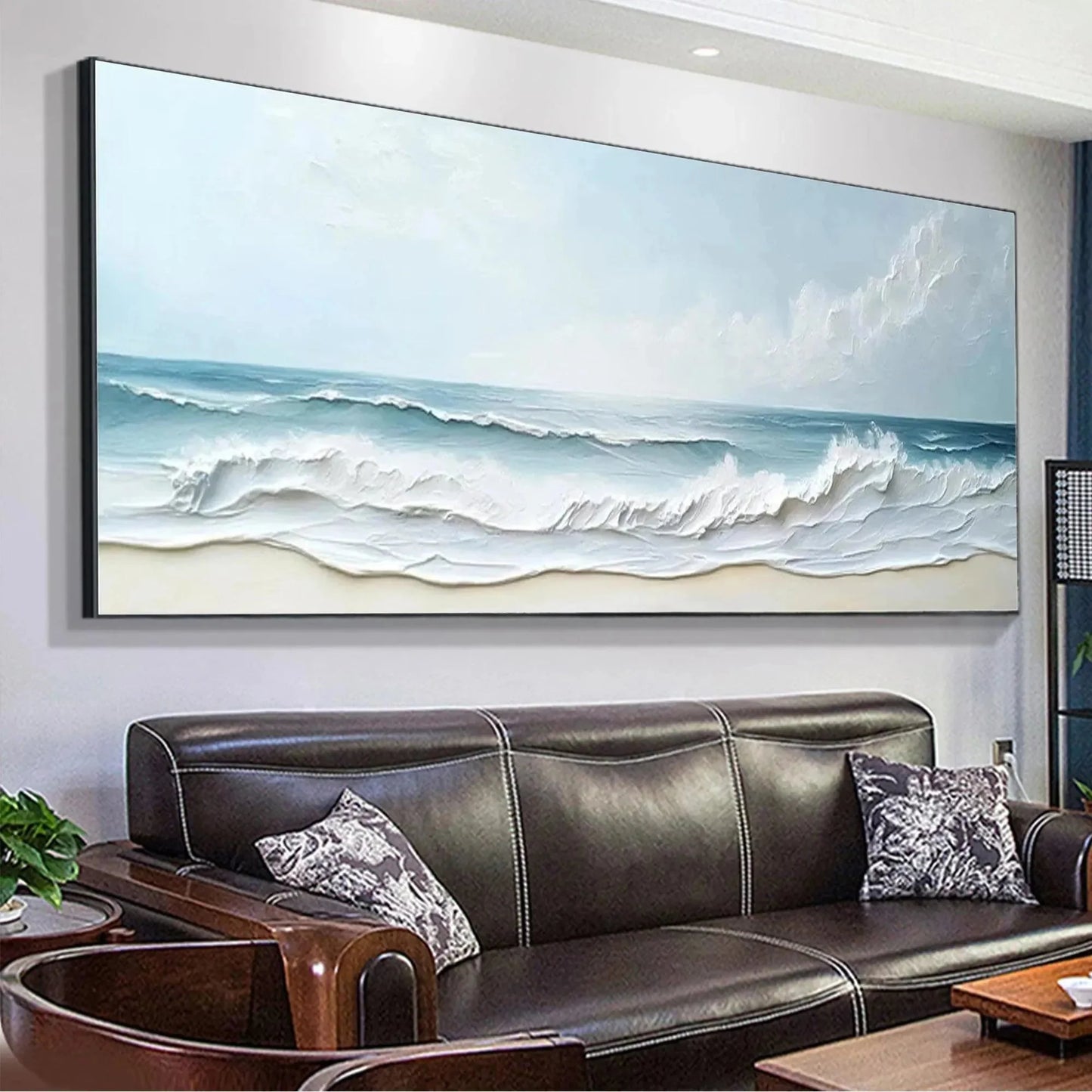 OCEAN WAVES PANORAMIC: Panoramic Ocean Painting, Beach Wall Art | Abstract mood, soft natural light studio shot