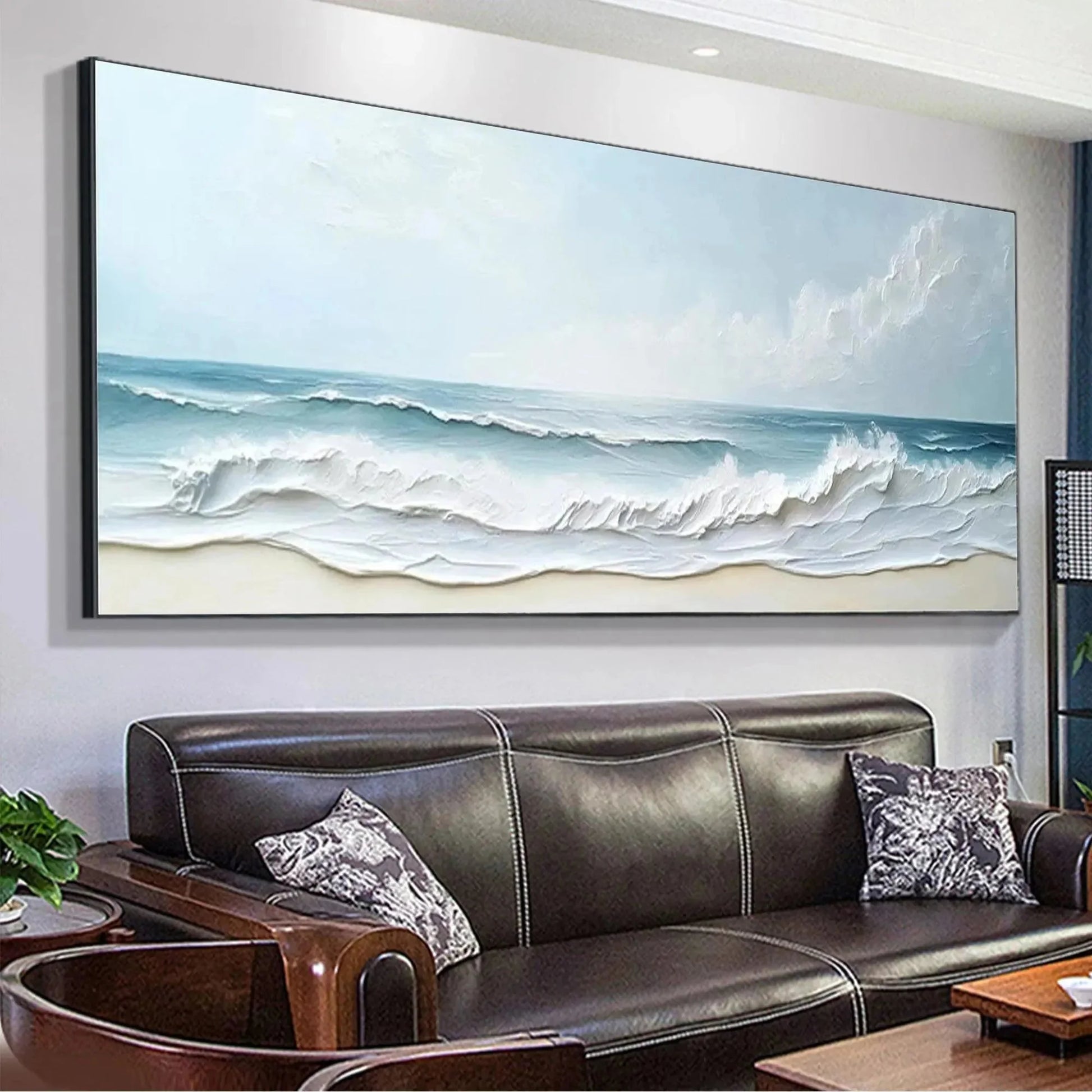 OCEAN WAVES PANORAMIC: Panoramic Ocean Painting, Beach Wall Art | Abstract mood, soft natural light studio shot
