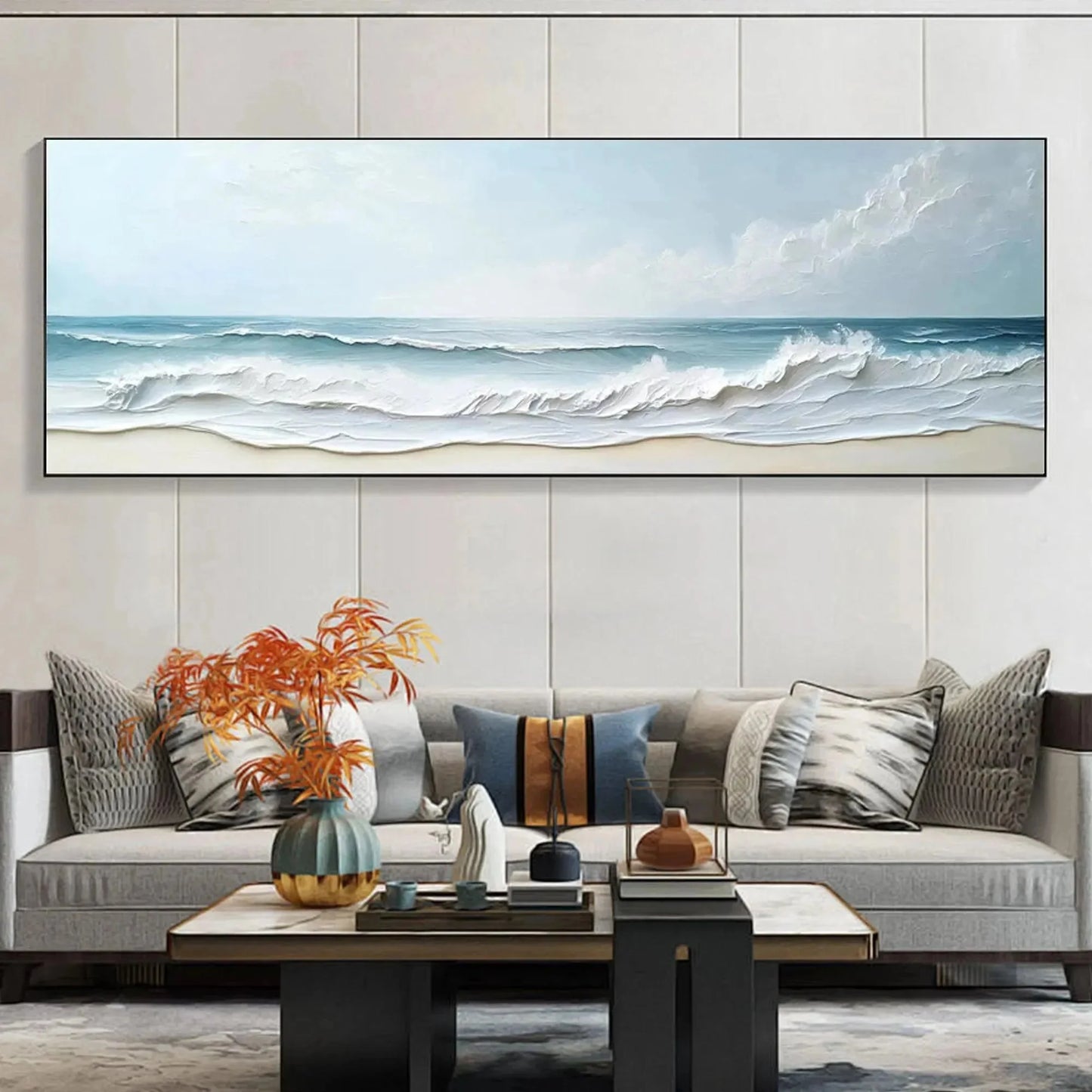 OCEAN WAVES PANORAMIC: Panoramic Ocean Painting, Beach Wall Art | multi-color palette, original oil on stretched canvas art