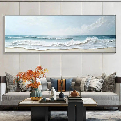 OCEAN WAVES PANORAMIC: Panoramic Ocean Painting, Beach Wall Art | multi-color palette, original oil on stretched canvas art