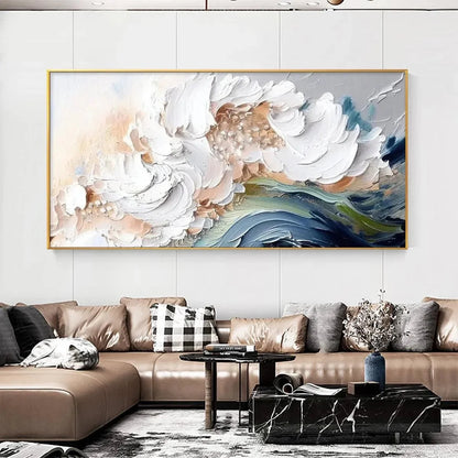 OCEAN WHISPERS: Textured Abstract Seascape Painting, White and Blue Wall Art, Panoramic Canvas, Coastal Decor | Abstract closeup, raised brushwork detail