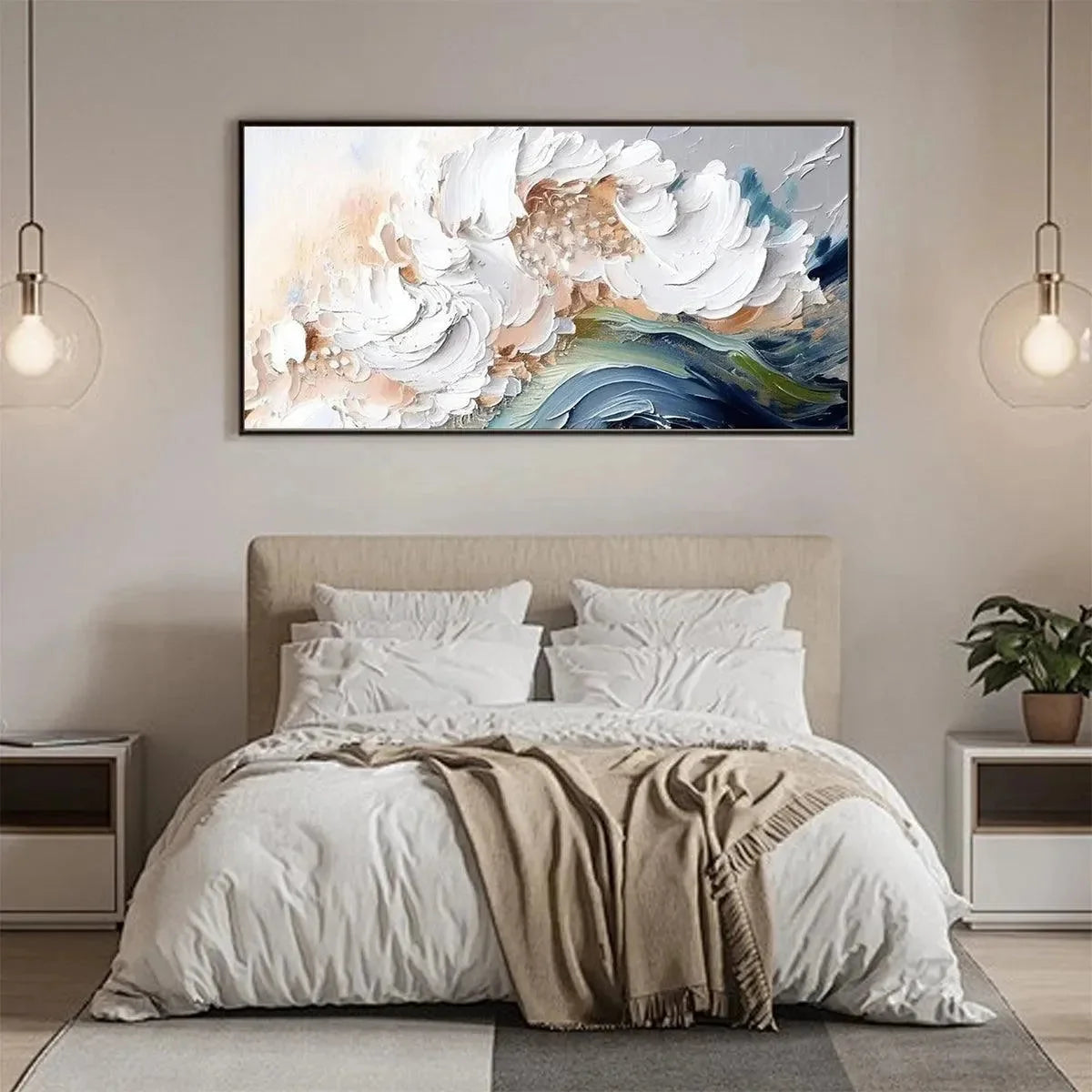 OCEAN WHISPERS: Textured Abstract Seascape Painting, White and Blue Wall Art, Panoramic Canvas, Coastal Decor | gold frame stretched on neutral wall