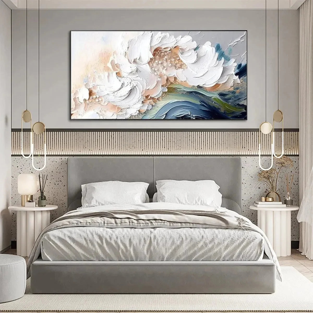 OCEAN WHISPERS: Textured Abstract Seascape Painting, White and Blue Wall Art, Panoramic Canvas, Coastal Decor | black frame version on white wall