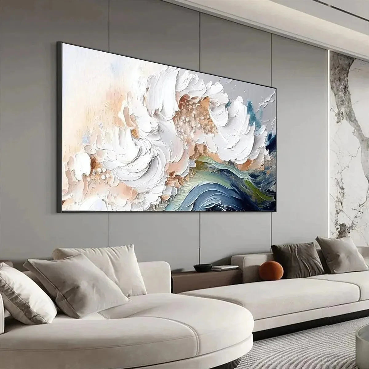 OCEAN WHISPERS: Textured Abstract Seascape Painting, White and Blue Wall Art, Panoramic Canvas, Coastal Decor | Abstract mood, soft natural light studio shot