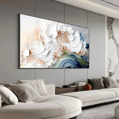 OCEAN WHISPERS: Textured Abstract Seascape Painting, White and Blue Wall Art, Panoramic Canvas, Coastal Decor | Abstract mood, soft natural light studio shot