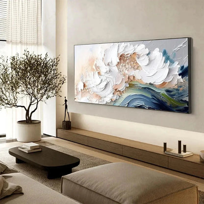 OCEAN WHISPERS: Textured Abstract Seascape Painting, White and Blue Wall Art, Panoramic Canvas, Coastal Decor | texture detail, palette knife marks visible