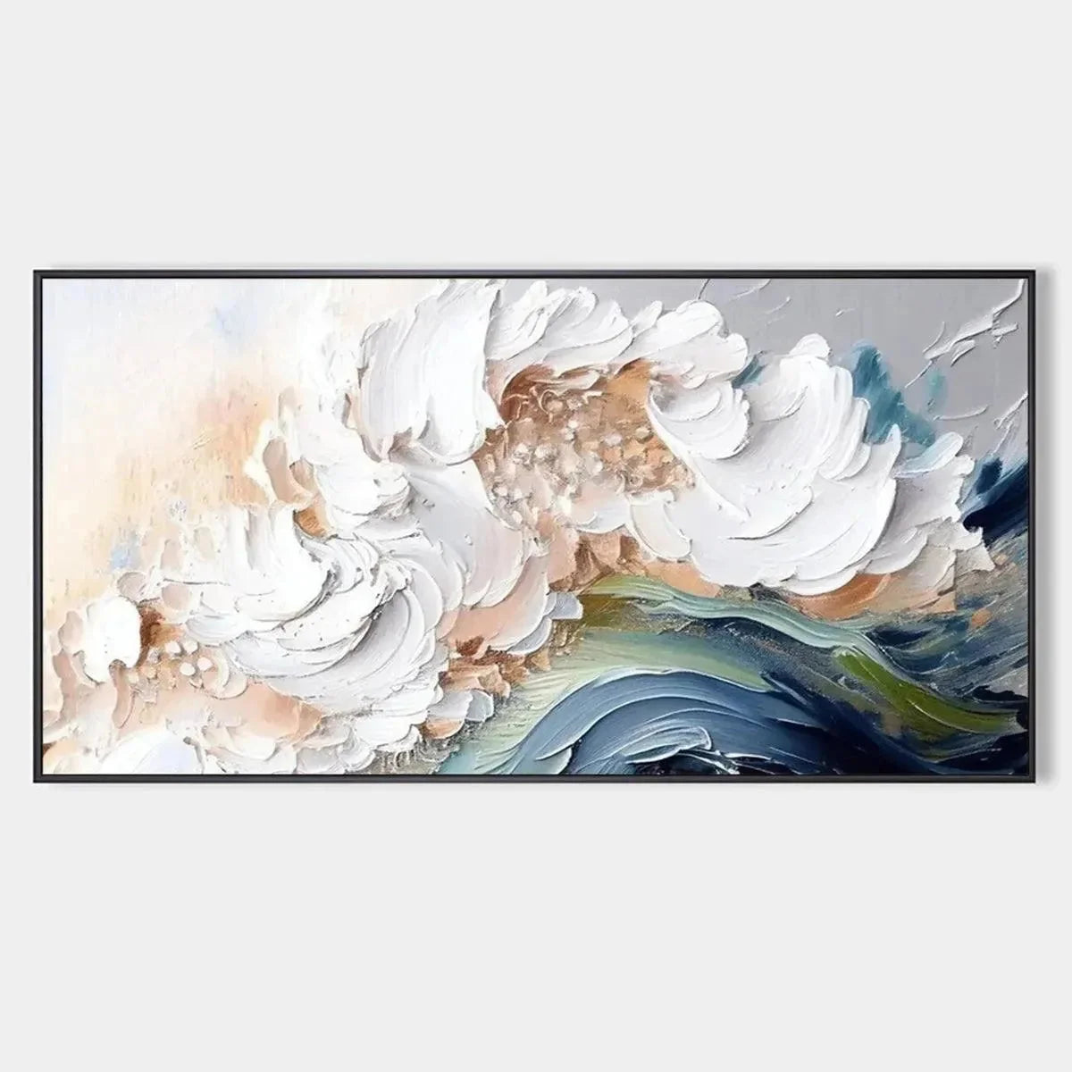 OCEAN WHISPERS: Textured Abstract Seascape Painting, White and Blue Wall Art, Panoramic Canvas, Coastal Decor | hanging in living room, Abstract wall art