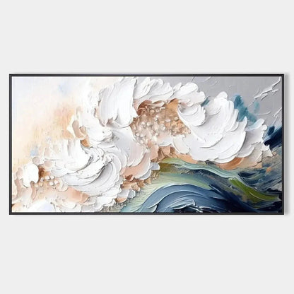 OCEAN WHISPERS: Textured Abstract Seascape Painting, White and Blue Wall Art, Panoramic Canvas, Coastal Decor | hanging in living room, Abstract wall art