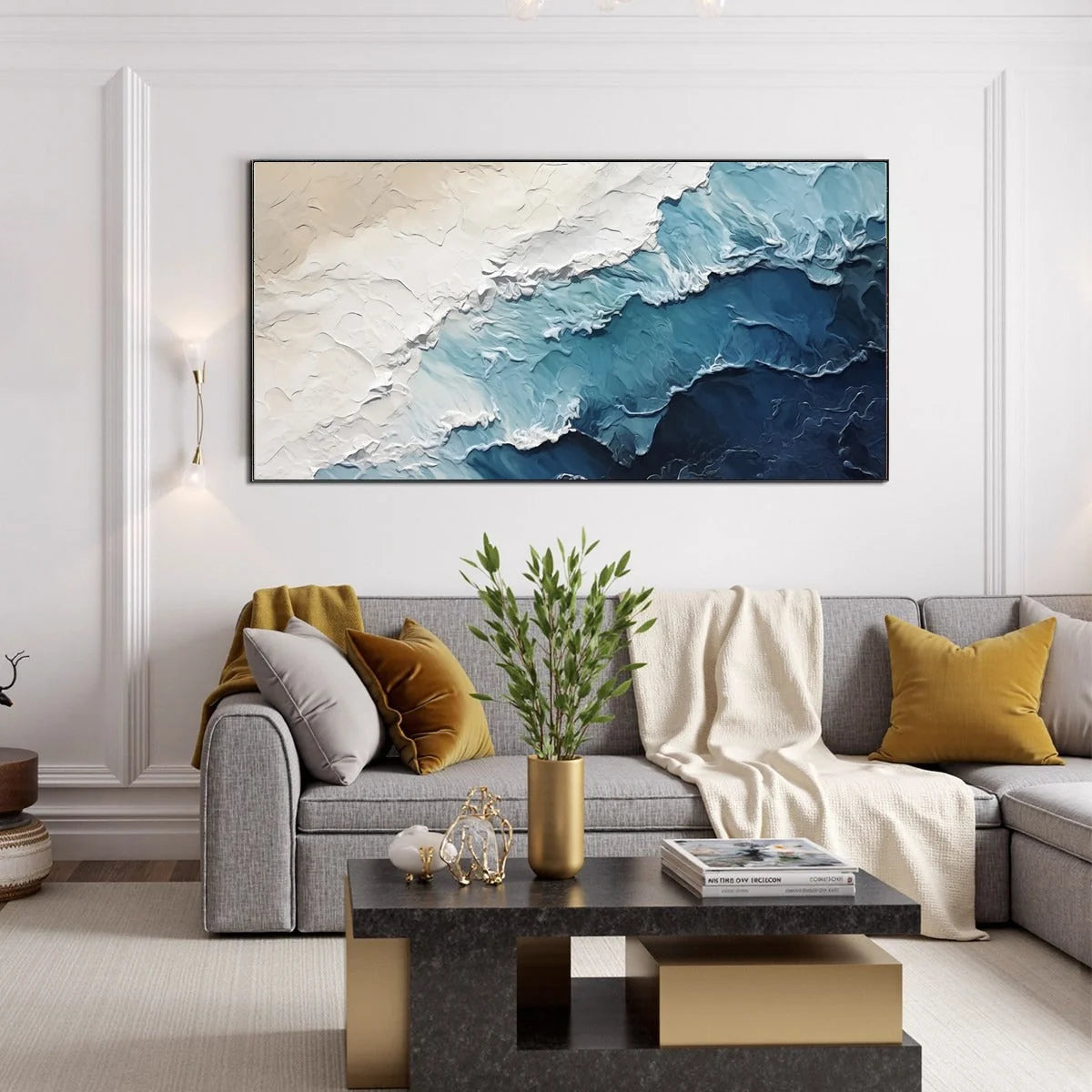 OCEAN WHISPERS: Textured Seascape Painting, Ocean Waves, Blue and White, Living Room, Bedroom | gold frame stretched on neutral wall