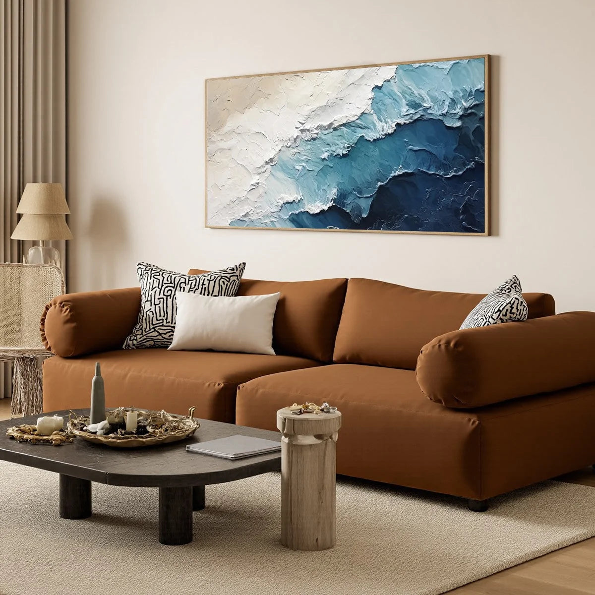 OCEAN WHISPERS: Textured Seascape Painting, Ocean Waves, Blue and White, Living Room, Bedroom | rolled canvas, ready for custom framing