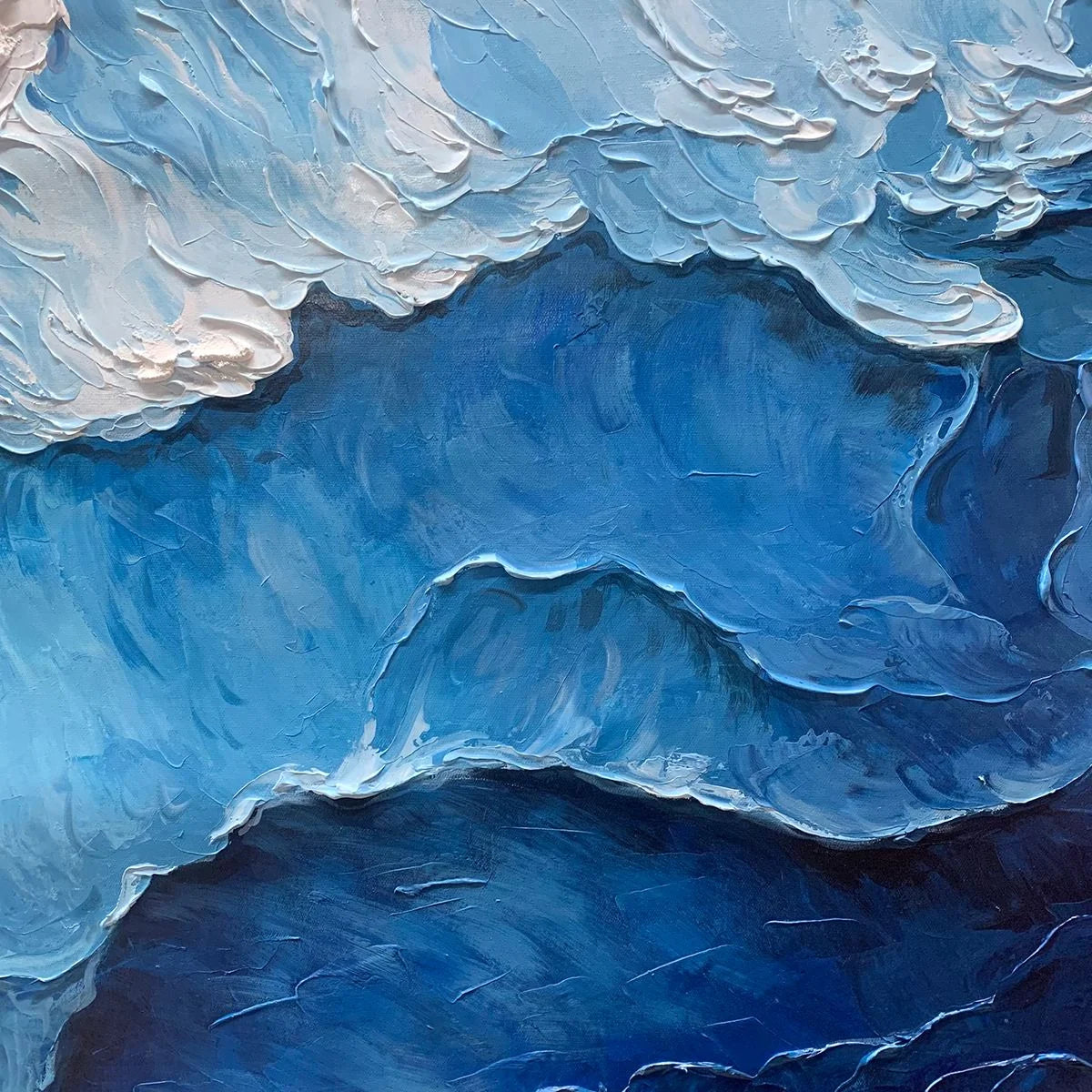 OCEAN WHISPERS: Textured Seascape Painting, Ocean Waves, Blue and White, Living Room, Bedroom | black frame version on white wall