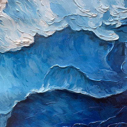 OCEAN WHISPERS: Textured Seascape Painting, Ocean Waves, Blue and White, Living Room, Bedroom | black frame version on white wall