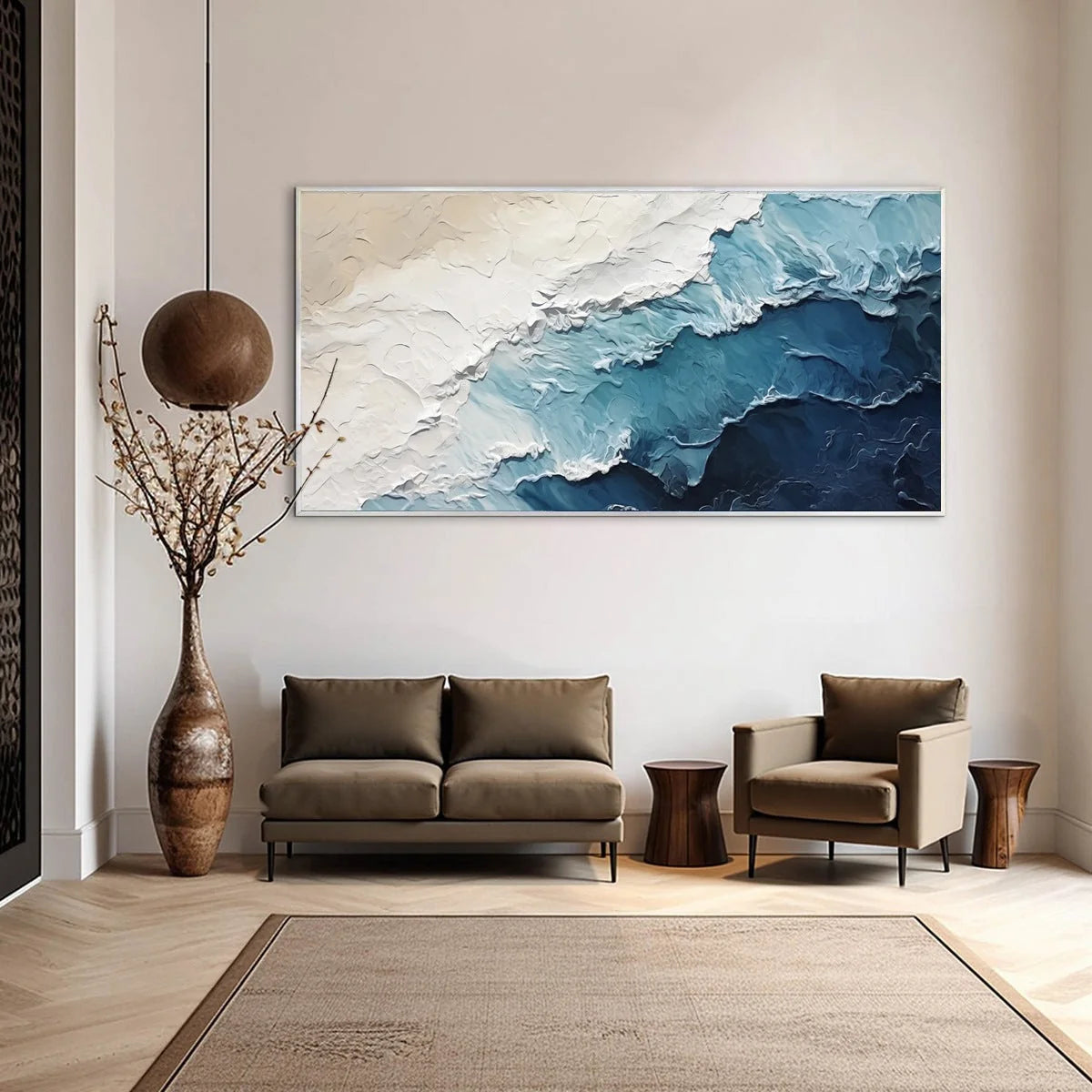 OCEAN WHISPERS: Textured Seascape Painting, Ocean Waves, Blue and White, Living Room, Bedroom | Abstract mood, soft natural light studio shot