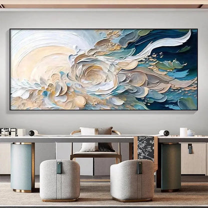 OCEANIC BLOOM: Textured Abstract Floral Painting in Blue and Beige | Abstract closeup, raised brushwork detail