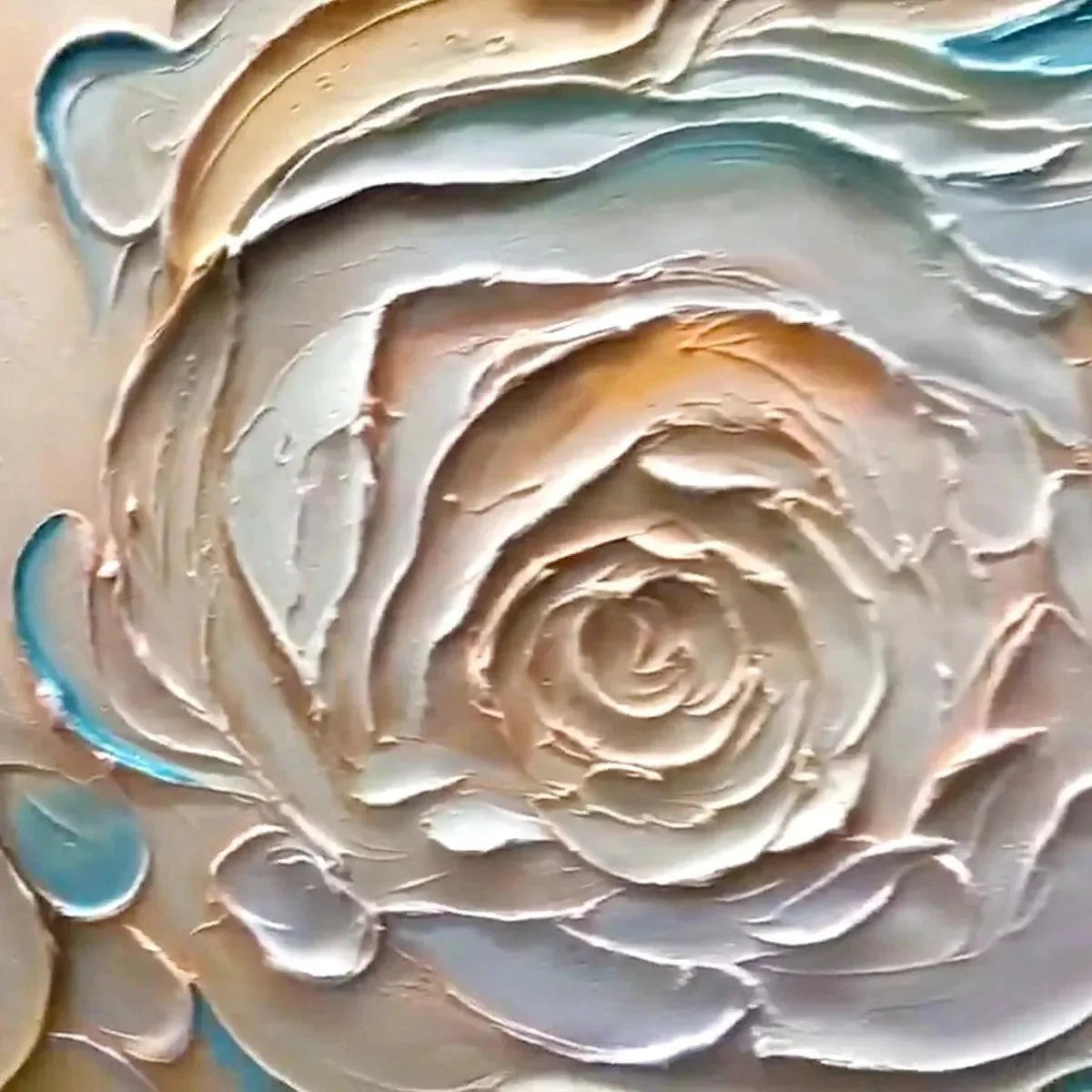 OCEANIC BLOOM: Textured Abstract Floral Painting in Blue and Beige | rectangular format, hand-painted canvas edge