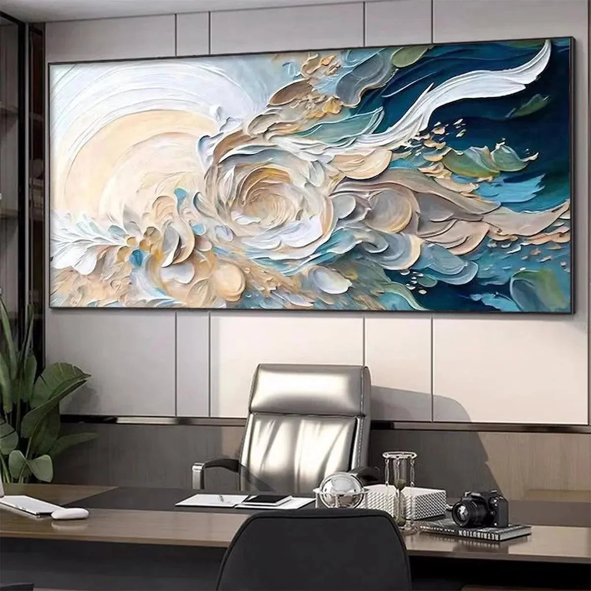 OCEANIC BLOOM: Textured Abstract Floral Painting in Blue and Beige | gold frame stretched on neutral wall