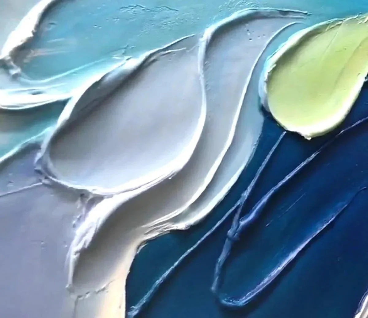 OCEANIC BLOOM: Textured Abstract Floral Painting in Blue and Beige | rolled canvas, ready for custom framing