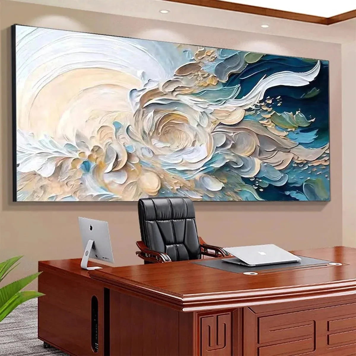 OCEANIC BLOOM: Textured Abstract Floral Painting in Blue and Beige | black frame version on white wall