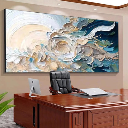 OCEANIC BLOOM: Textured Abstract Floral Painting in Blue and Beige | black frame version on white wall