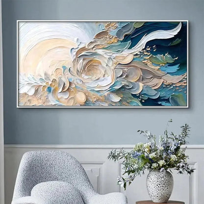 OCEANIC BLOOM: Textured Abstract Floral Painting in Blue and Beige | Abstract mood, soft natural light studio shot