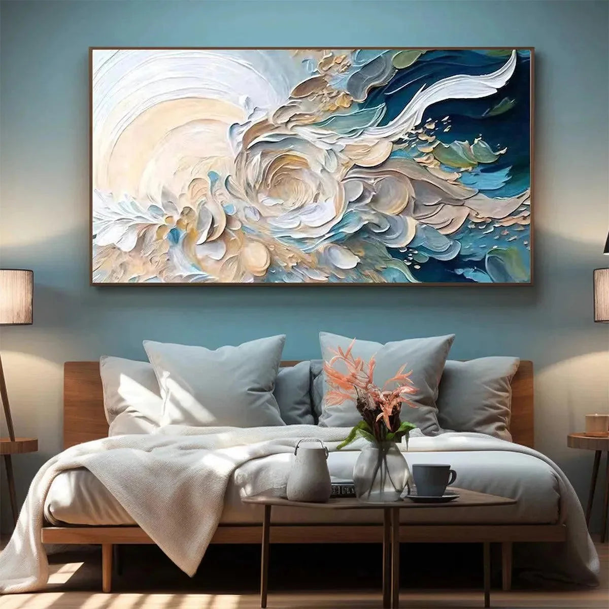 OCEANIC BLOOM: Textured Abstract Floral Painting in Blue and Beige | blue palette, original oil on stretched canvas art