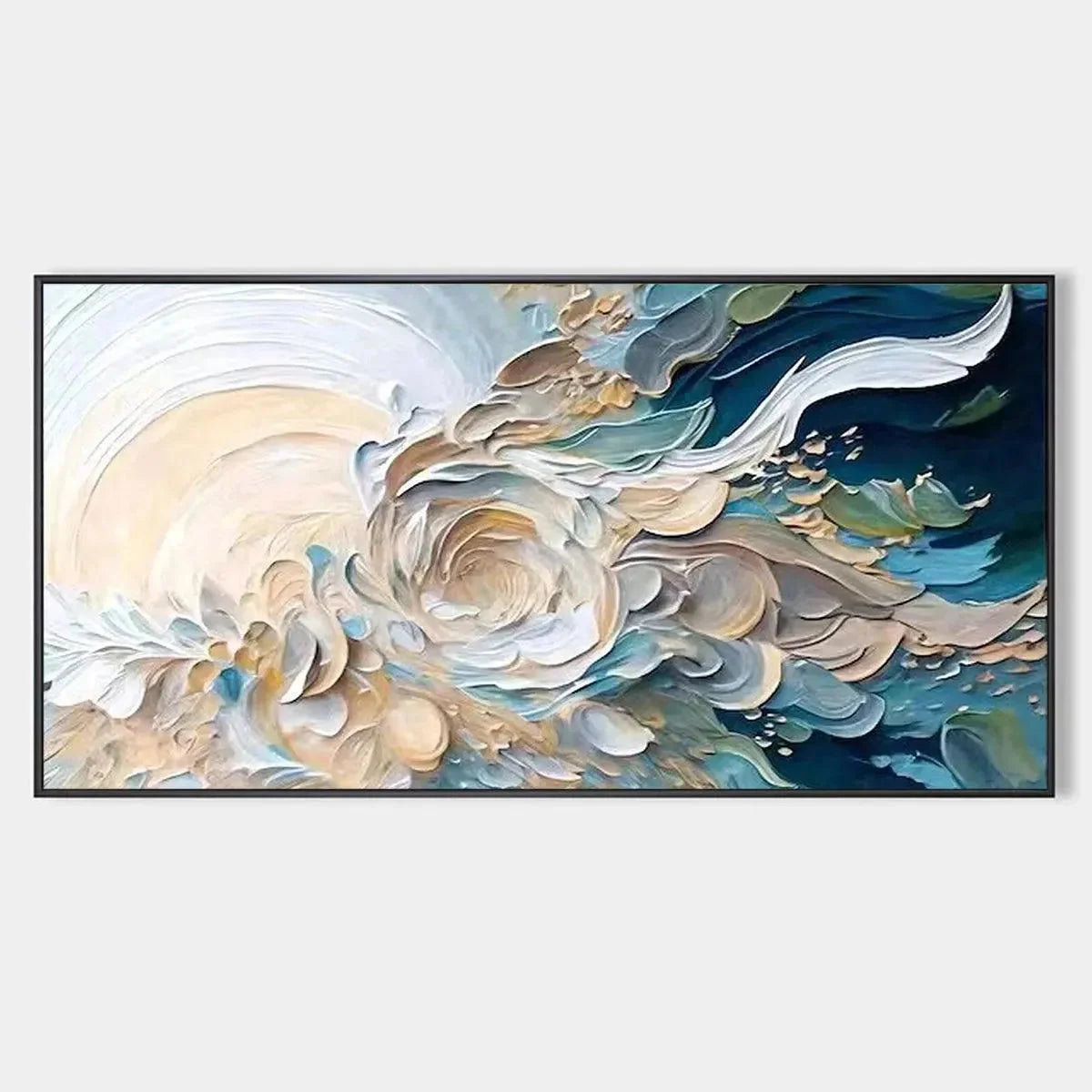 OCEANIC BLOOM: Textured Abstract Floral Painting in Blue and Beige | hanging in living room, Abstract wall art