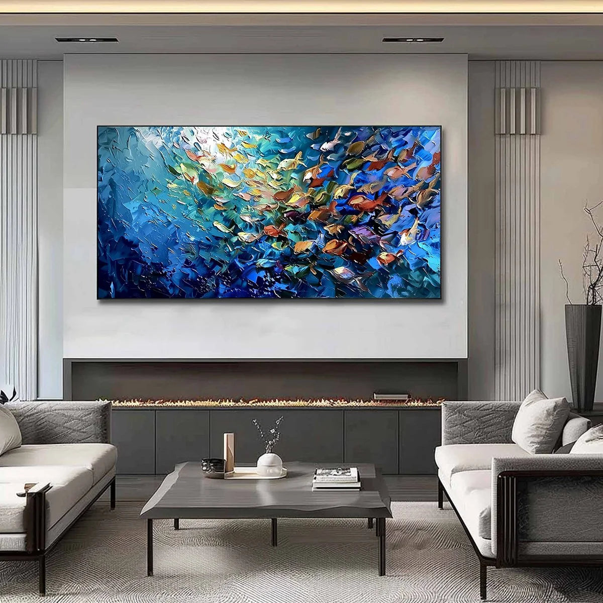 OCEANIC CONVERGENCE: Textured Impasto Painting of a Vibrant School of Fish | Abstract closeup, raised brushwork detail