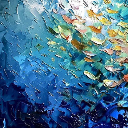 OCEANIC CONVERGENCE: Textured Impasto Painting of a Vibrant School of Fish | rectangular format, hand-painted canvas edge