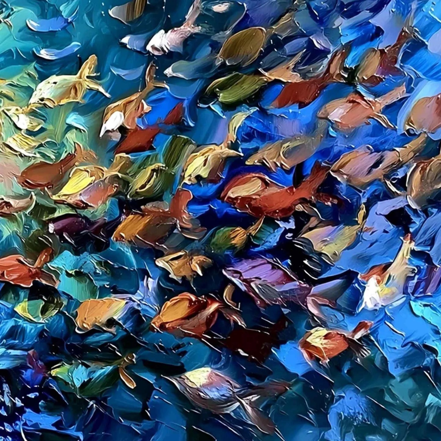 OCEANIC CONVERGENCE: Textured Impasto Painting of a Vibrant School of Fish | rolled canvas, ready for custom framing