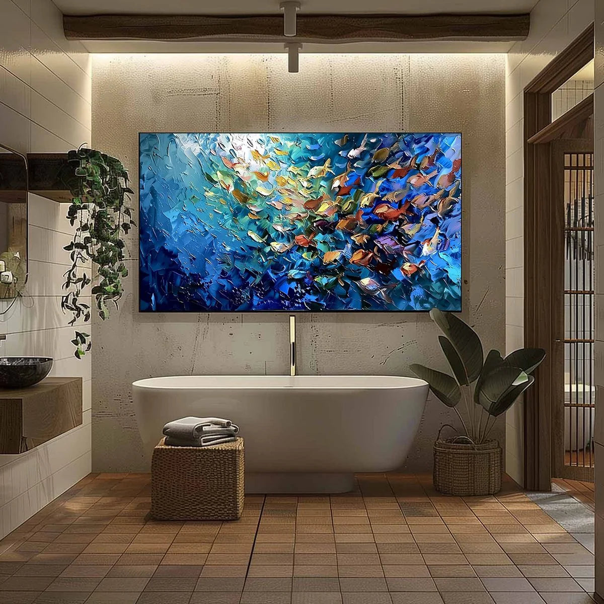 OCEANIC CONVERGENCE: Textured Impasto Painting of a Vibrant School of Fish | black frame version on white wall