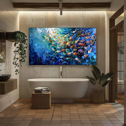 OCEANIC CONVERGENCE: Textured Impasto Painting of a Vibrant School of Fish | black frame version on white wall