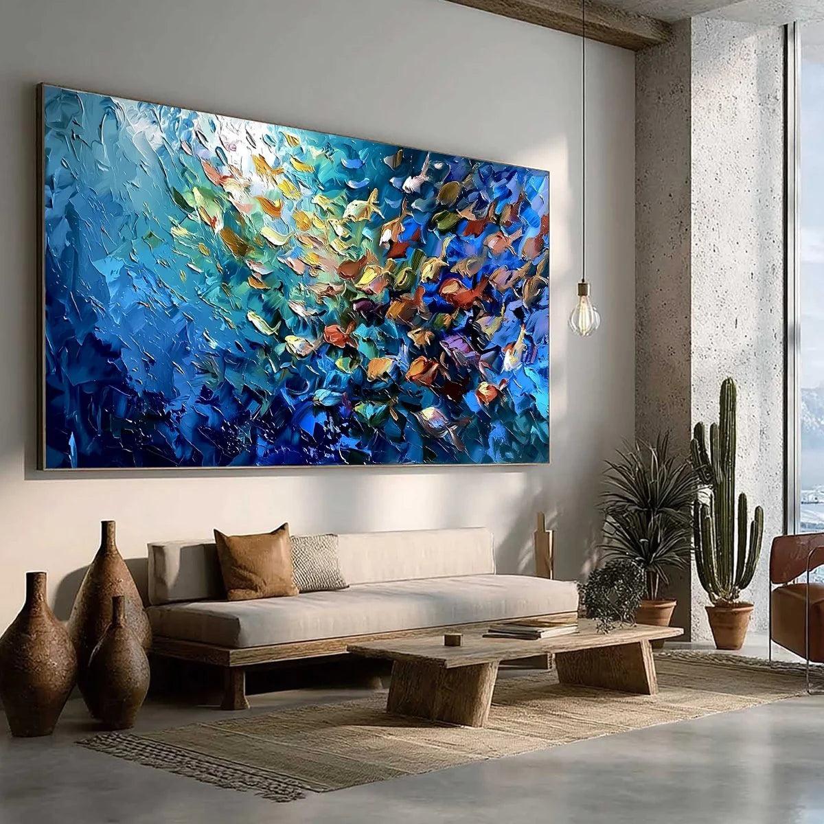 OCEANIC CONVERGENCE: Textured Impasto Painting of a Vibrant School of Fish | multi-color palette, original oil on stretched canvas art