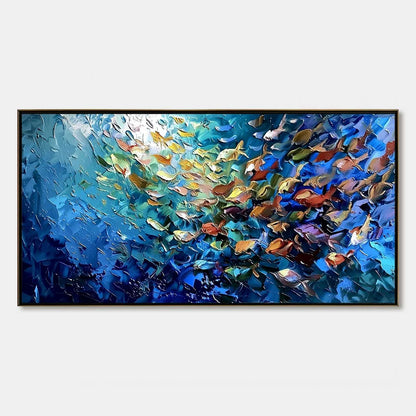 OCEANIC CONVERGENCE: Textured Impasto Painting of a Vibrant School of Fish | hanging in living room, Abstract wall art