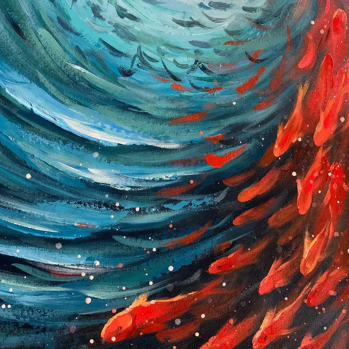 OCEANIC DANCE: Abstract Swirling Fish Oil Painting | rectangular format, hand-painted canvas edge
