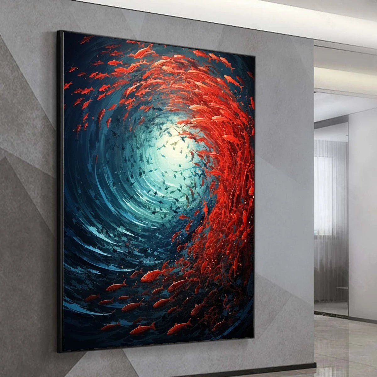 OCEANIC DANCE: Abstract Swirling Fish Oil Painting | gold frame stretched on neutral wall