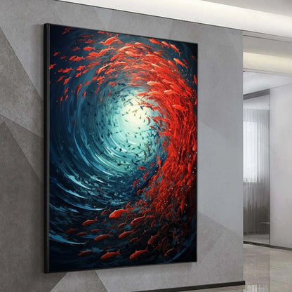 OCEANIC DANCE: Abstract Swirling Fish Oil Painting | gold frame stretched on neutral wall