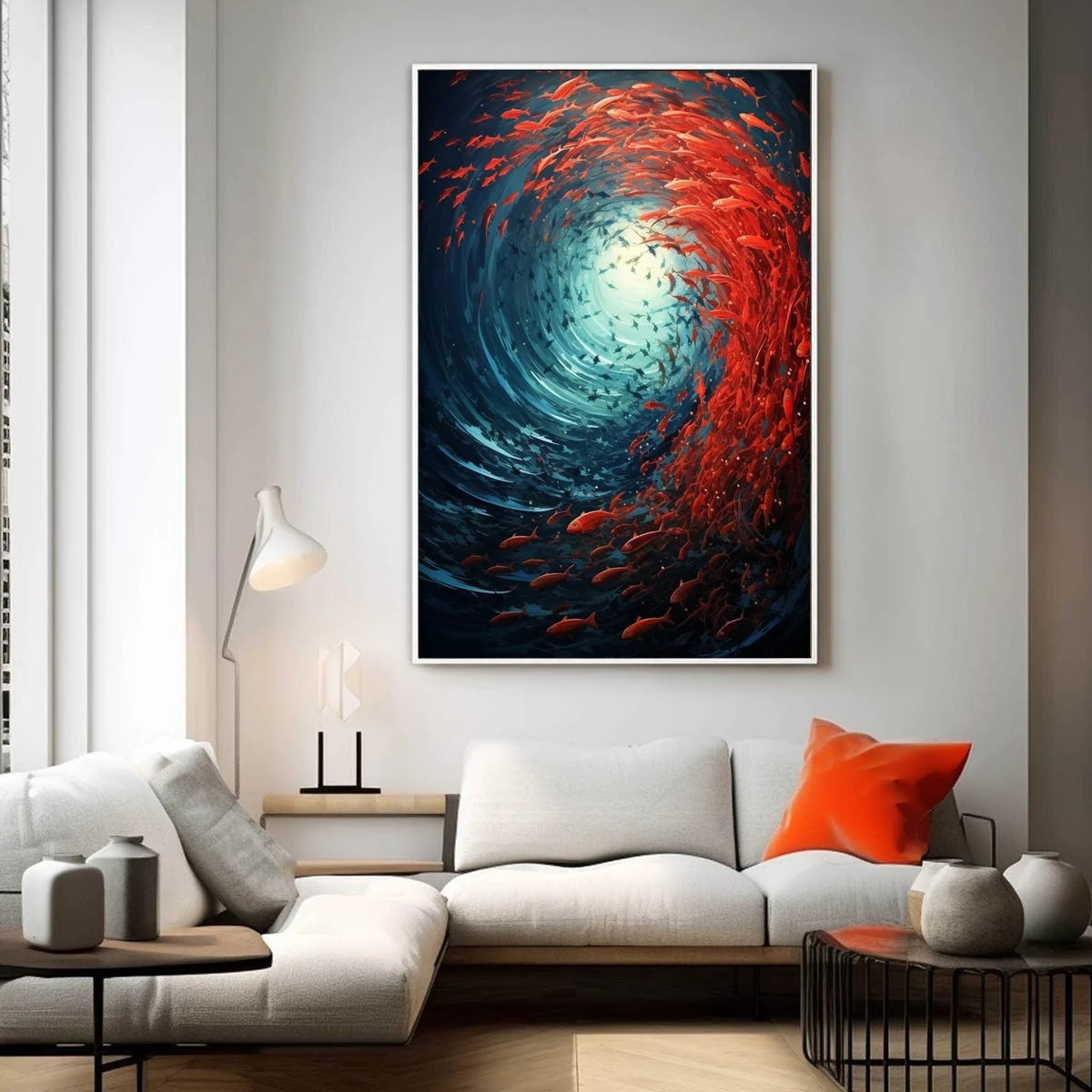 OCEANIC DANCE: Abstract Swirling Fish Oil Painting | black frame version on white wall