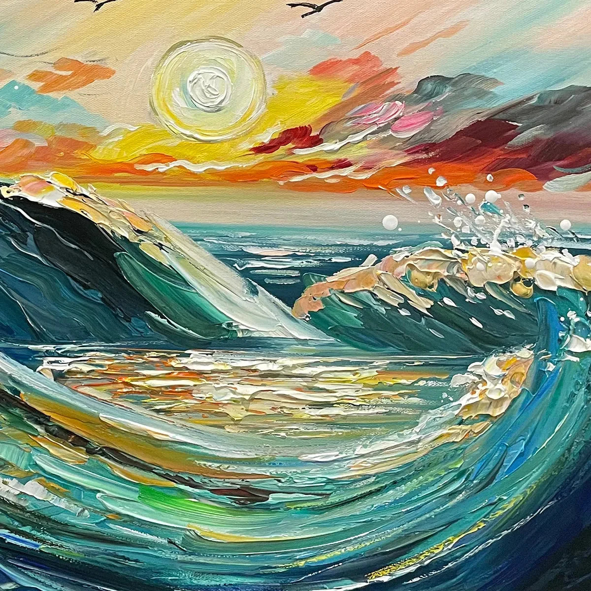 OCEANIC PULSE: Hand-Textured Seascape Oil Painting with Gold Leaf Accents | rectangular format, hand-painted canvas edge