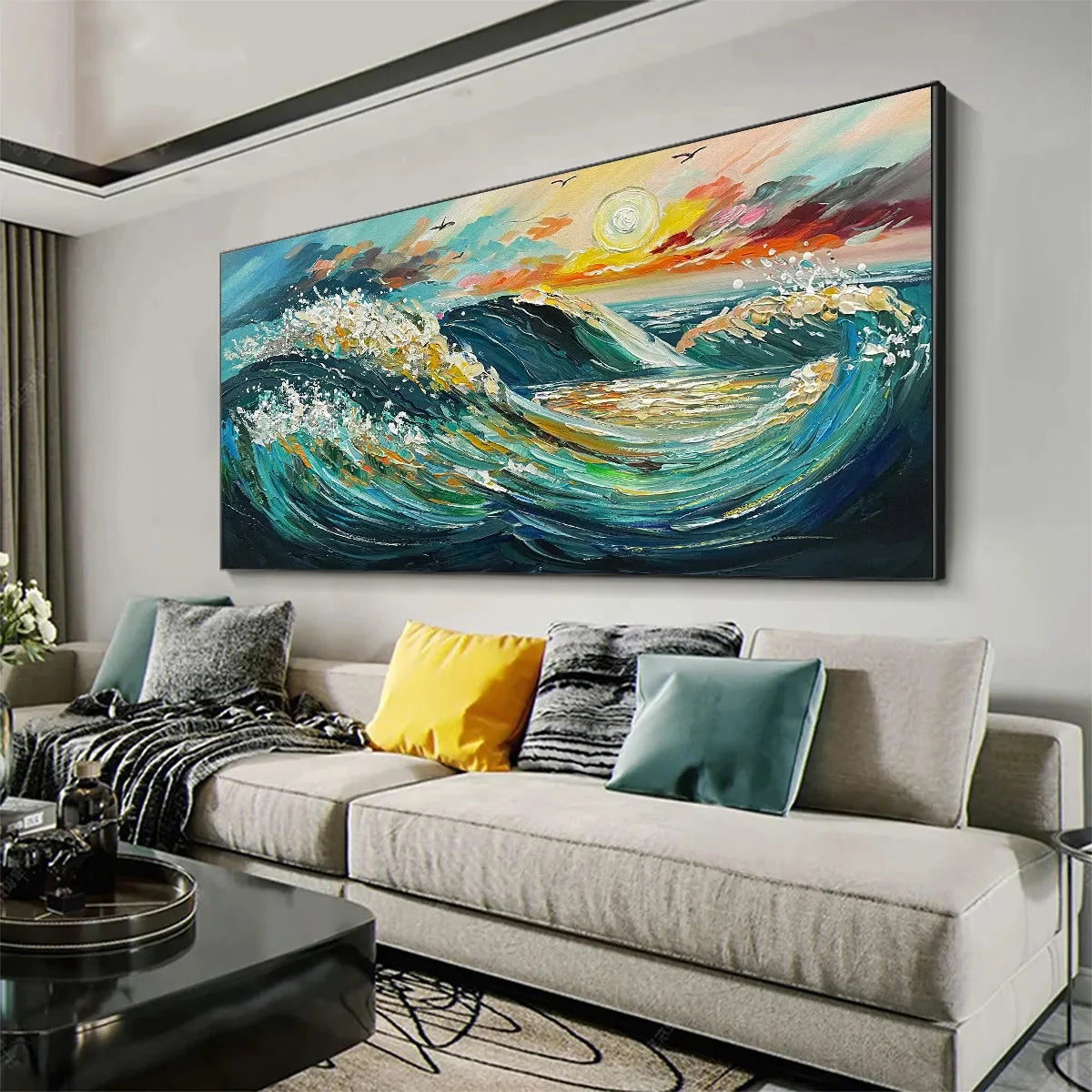 OCEANIC PULSE: Hand-Textured Seascape Oil Painting with Gold Leaf Accents | gold frame stretched on neutral wall