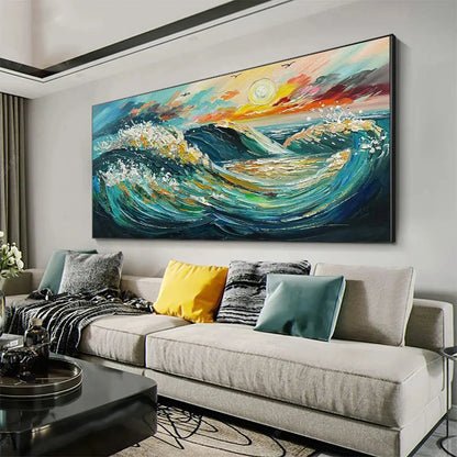 OCEANIC PULSE: Hand-Textured Seascape Oil Painting with Gold Leaf Accents | gold frame stretched on neutral wall