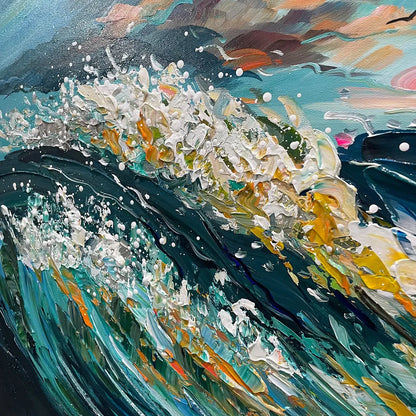 OCEANIC PULSE: Hand-Textured Seascape Oil Painting with Gold Leaf Accents | rolled canvas, ready for custom framing