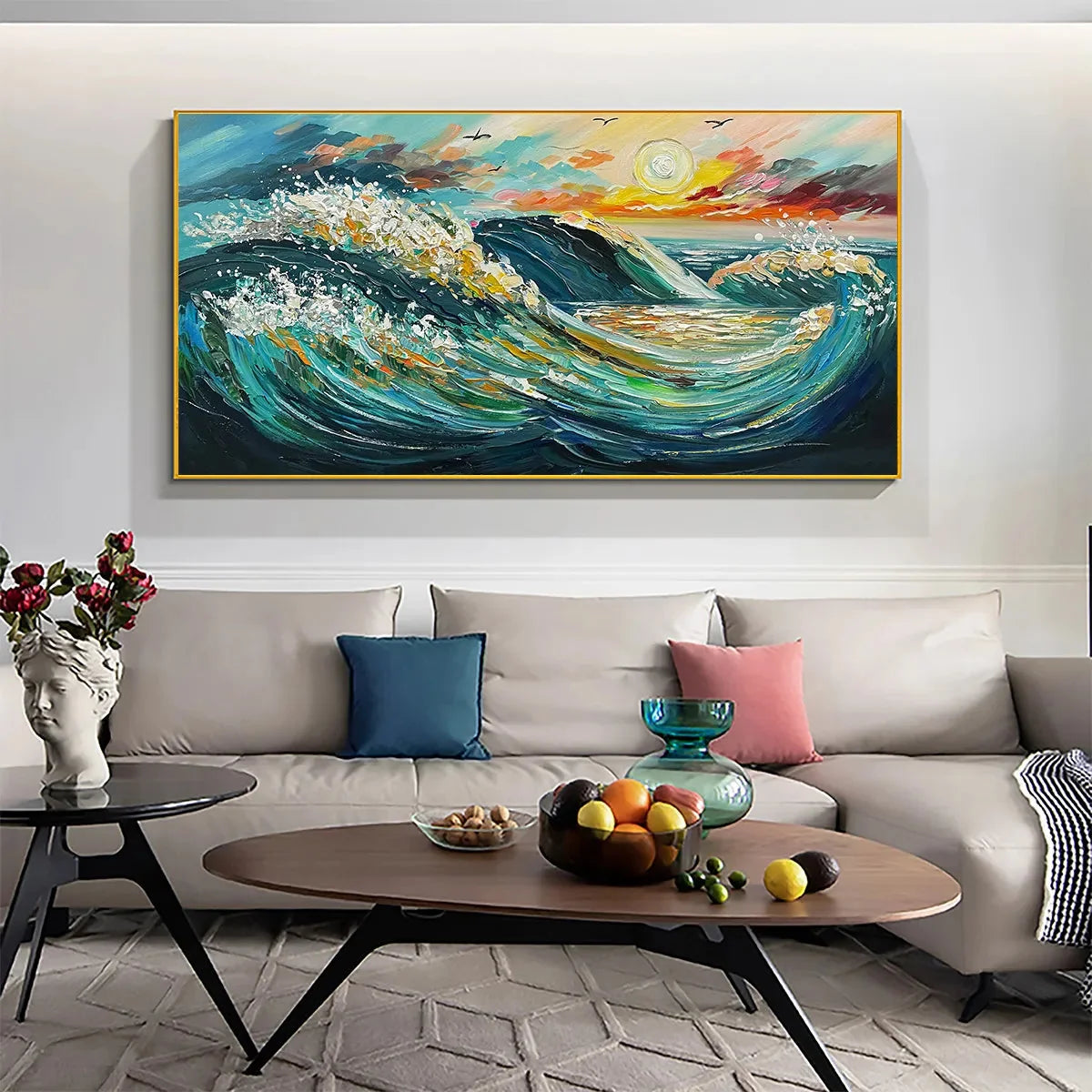 OCEANIC PULSE: Hand-Textured Seascape Oil Painting with Gold Leaf Accents | black frame version on white wall