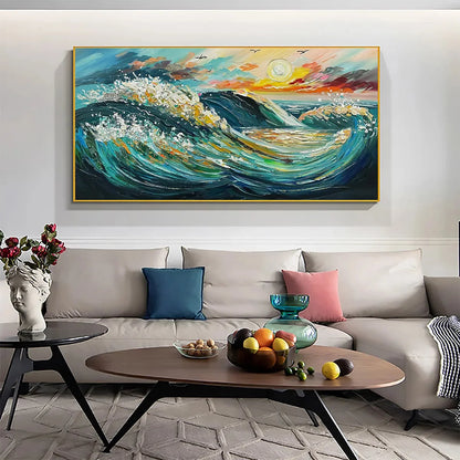 OCEANIC PULSE: Hand-Textured Seascape Oil Painting with Gold Leaf Accents | black frame version on white wall