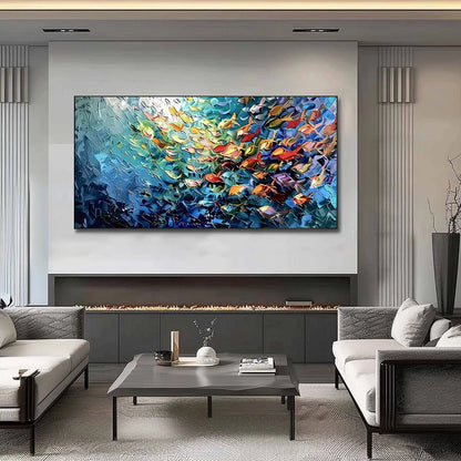 OCEANIC RUSH: Textured Palette Knife Painting of a School of Fish | Abstract closeup, raised brushwork detail