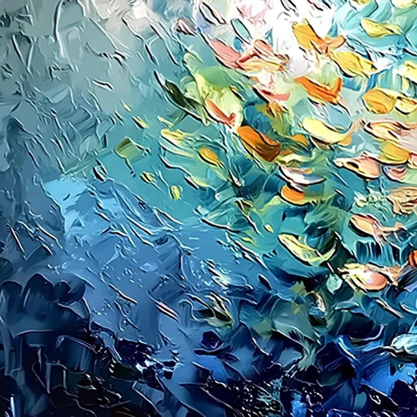 OCEANIC RUSH: Textured Palette Knife Painting of a School of Fish | rectangular format, hand-painted canvas edge